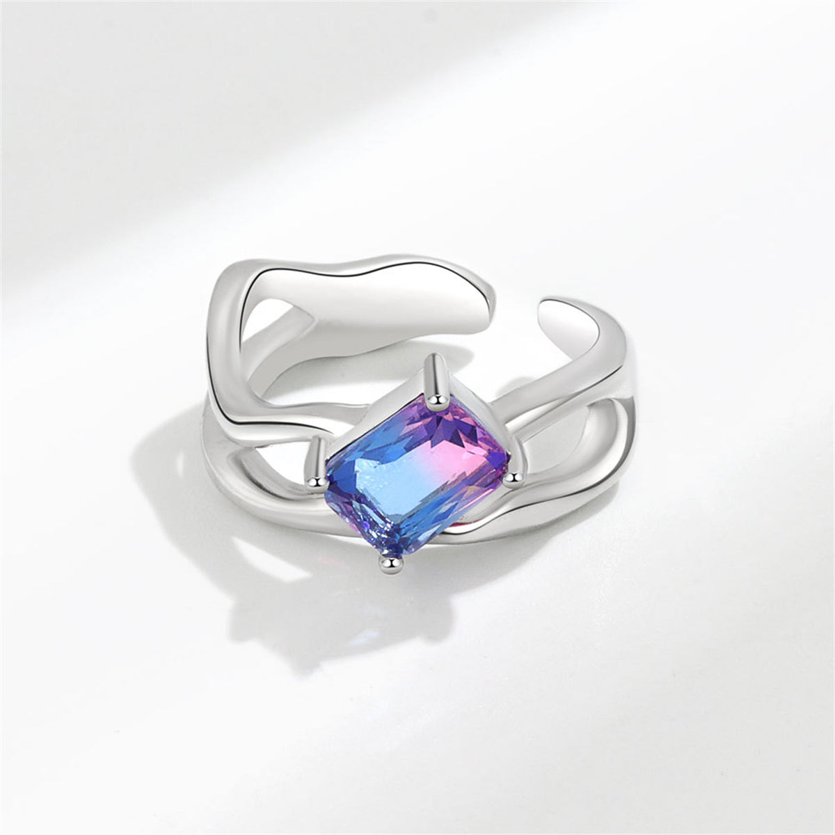 Blue Crystal and Silver-Plated Rectangle Open Ring, silver statement rings for women, detail close-up