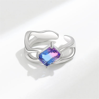 Blue Crystal and Silver-Plated Rectangle Open Ring, silver statement rings for women, detail close-up