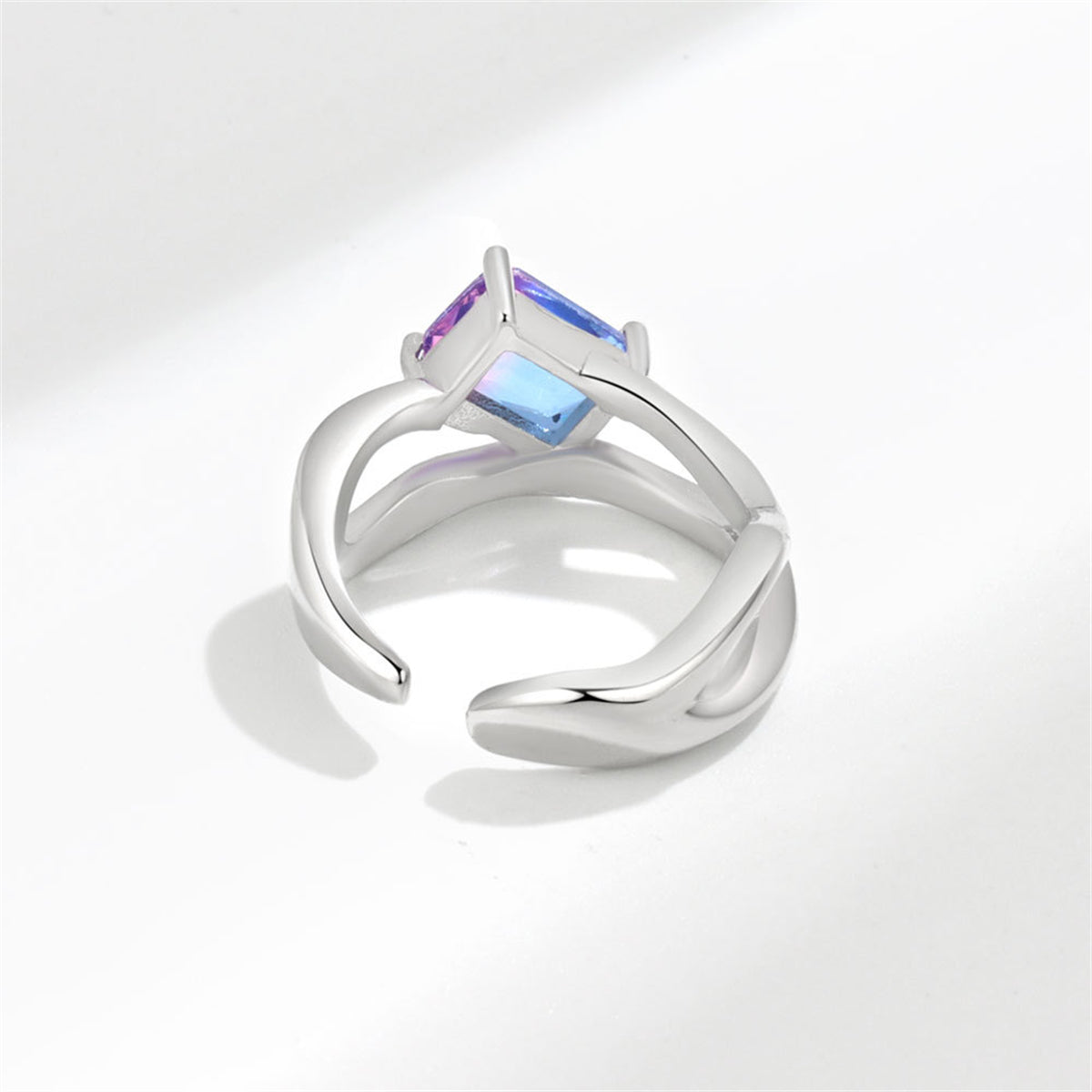 Blue Crystal and Silver-Plated Rectangle Open Ring, silver statement rings for women, vintage-inspired design, lifestyle look