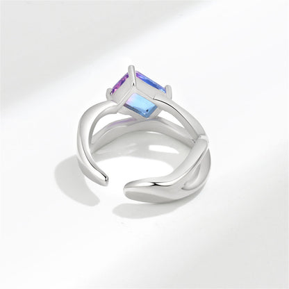 Blue Crystal and Silver-Plated Rectangle Open Ring, silver statement rings for women, vintage-inspired design, lifestyle look