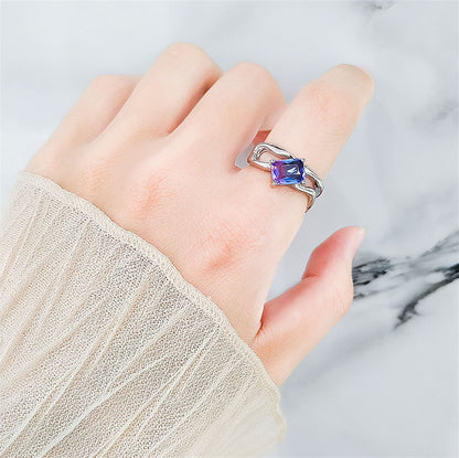 Blue Crystal and Silver-Plated Rectangle Open Ring, silver statement rings for women, vintage-inspired design, styled look