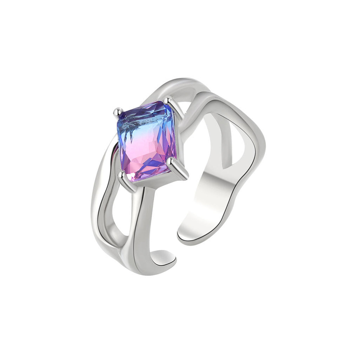 Blue Crystal and Silver-Plated Rectangle Open Ring, silver statement rings for women, vintage-inspired design, side view