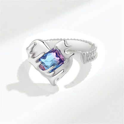 Crystal and Silver-Plated Textured Heart Open Ring, silver statement rings for women, botanical inspired, front view