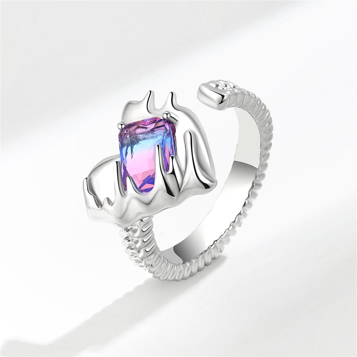 Crystal and Silver-Plated Textured Heart Open Ring, silver statement rings for women, botanical inspired, side view