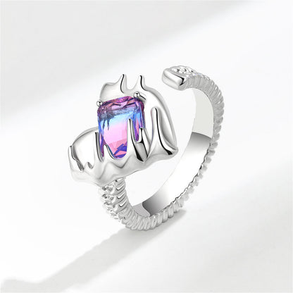 Crystal and Silver-Plated Textured Heart Open Ring, silver statement rings for women, botanical inspired, side view
