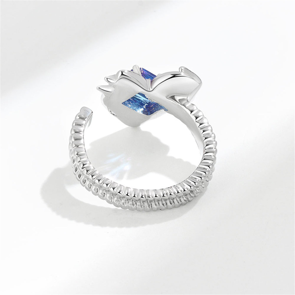 Crystal and Silver-Plated Textured Heart Open Ring, silver statement rings for women, botanical inspired, detail close-up