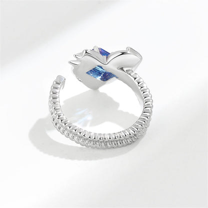 Crystal and Silver-Plated Textured Heart Open Ring, silver statement rings for women, botanical inspired, detail close-up
