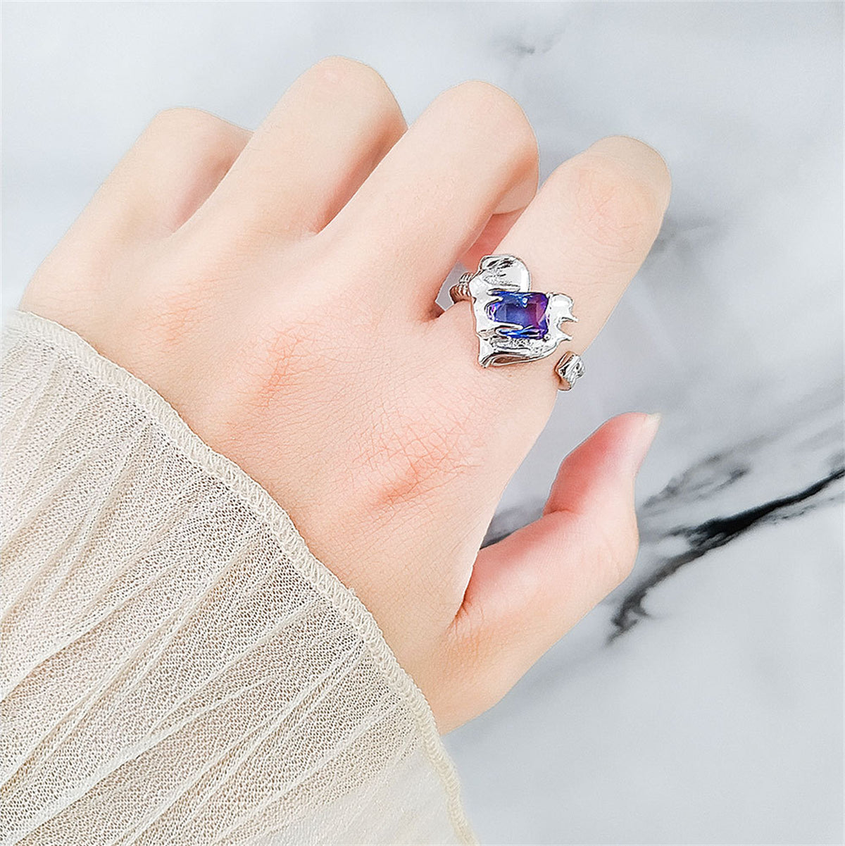 Crystal and Silver-Plated Textured Heart Open Ring, silver statement rings for women, botanical inspired, styled look