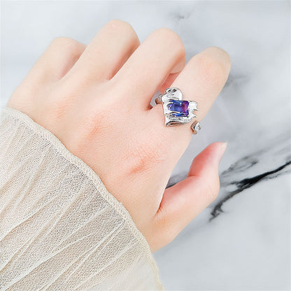 Crystal and Silver-Plated Textured Heart Open Ring, silver statement rings for women, botanical inspired, styled look