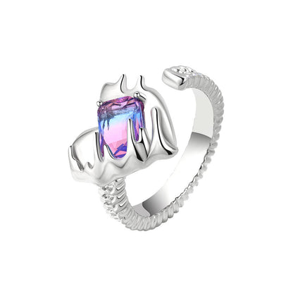 Crystal and Silver-Plated Textured Heart Open Ring, silver statement rings for women, botanical inspired, lifestyle look