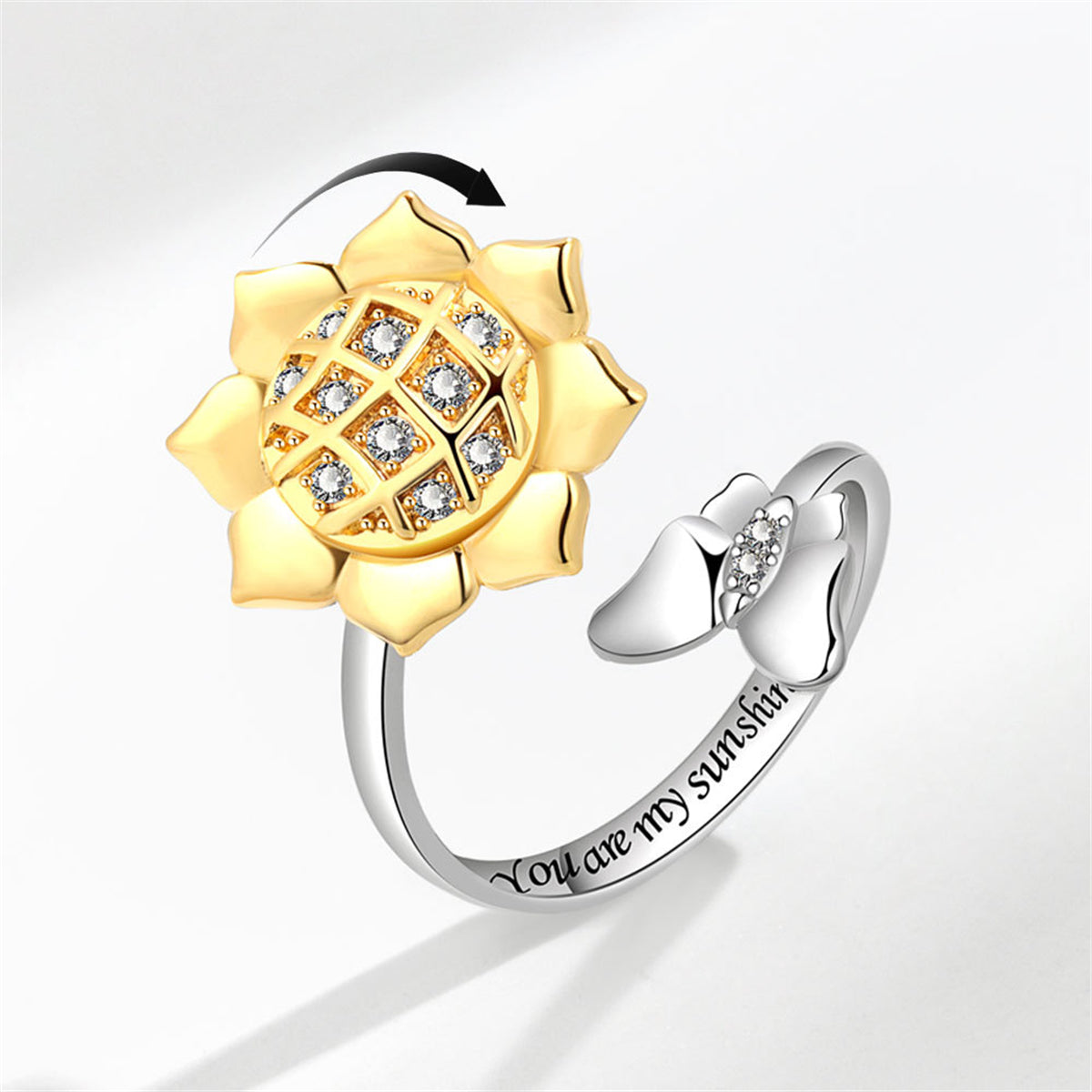 Cubic Zirconia and Two-Tone Rotating Sunflower Bypass Ring, statement rings for women, vintage-inspired design, front view