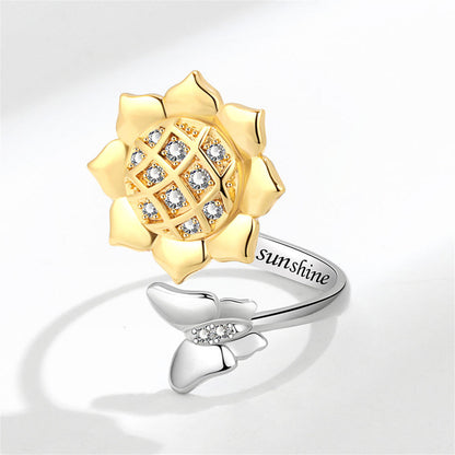 Cubic Zirconia and Two-Tone Rotating Sunflower Bypass Ring, statement rings for women, detail close-up