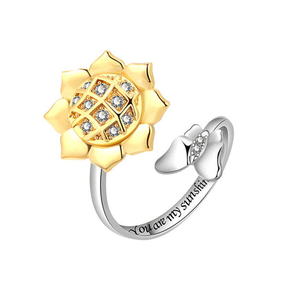 Cubic Zirconia and Two-Tone Rotating Sunflower Bypass Ring, statement rings for women, vintage-inspired design, side view