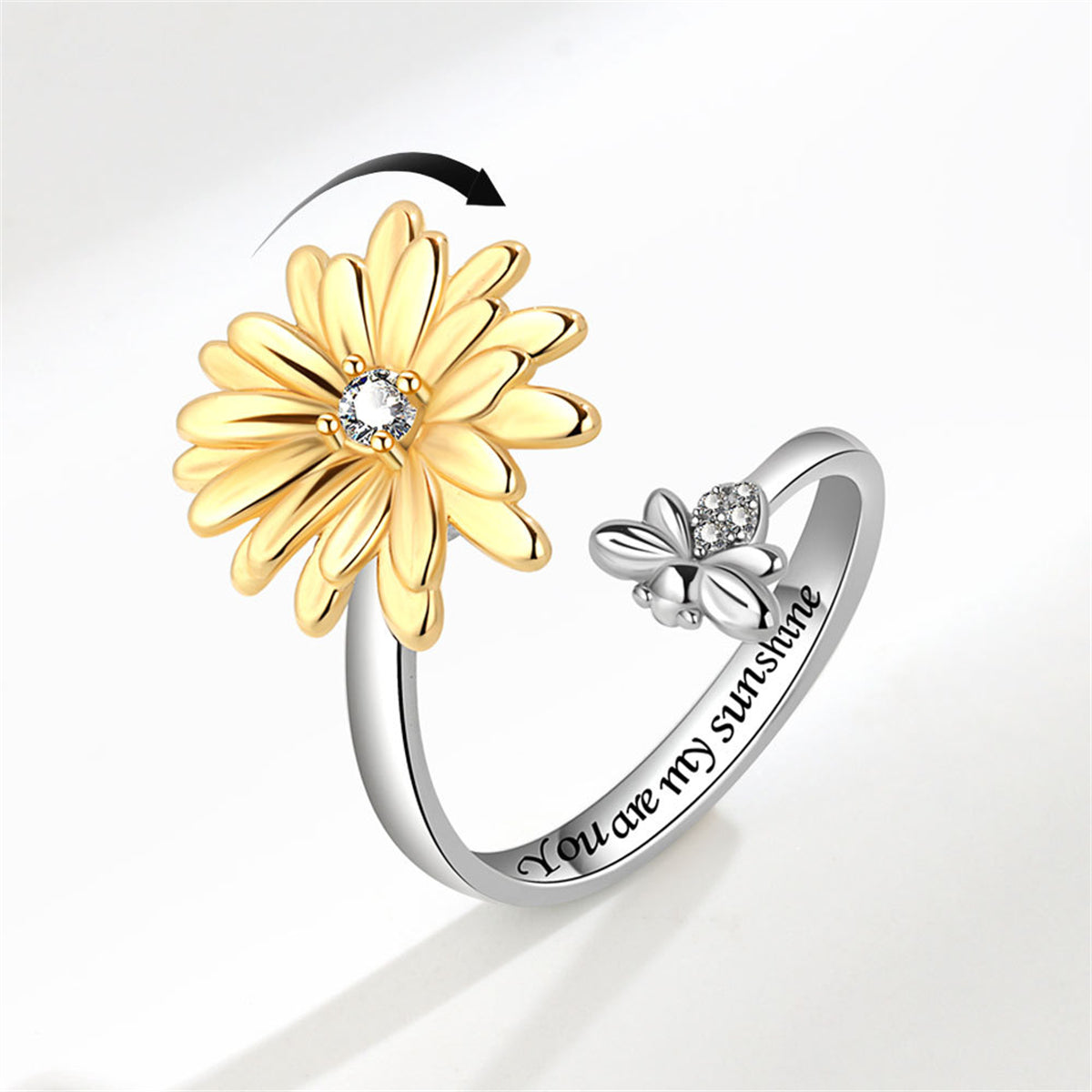 Cubic Zirconia and Two Tone Rotating Mum and Bee Bypass Ring, statement rings for women, dainty minimalist design, front view