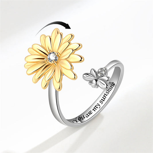 Cubic Zirconia and Two Tone Rotating Mum and Bee Bypass Ring, statement rings for women, dainty minimalist design, front view