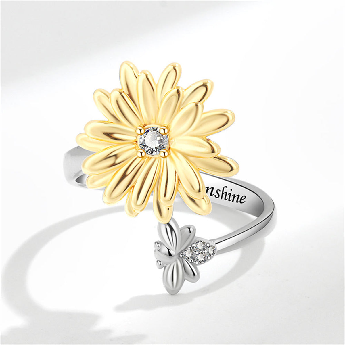 Cubic Zirconia and Two Tone Rotating Mum and Bee Bypass Ring, statement rings for women, detail close-up