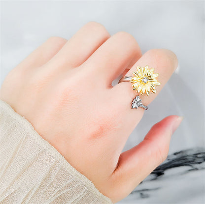 Cubic Zirconia and Two Tone Rotating Mum and Bee Bypass Ring, statement rings for women, styled look
