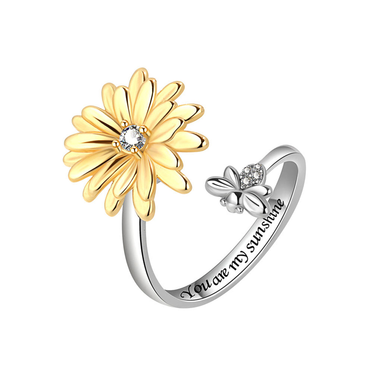 Cubic Zirconia and Two Tone Rotating Mum and Bee Bypass Ring, statement rings for women, dainty minimalist design, side view