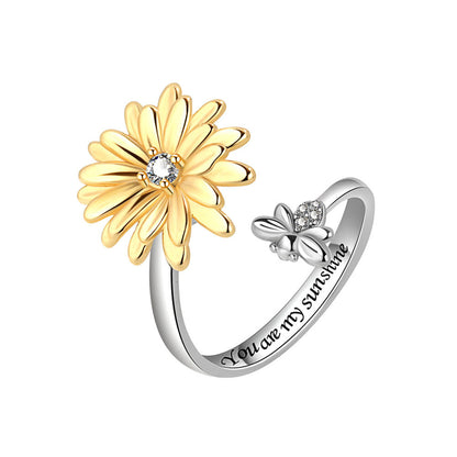 Cubic Zirconia and Two Tone Rotating Mum and Bee Bypass Ring, statement rings for women, dainty minimalist design, side view
