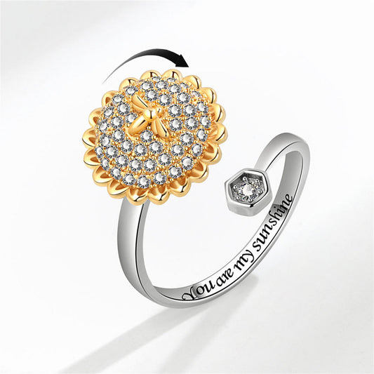 Cubic Zirconia and Two Tone Rotating Sunflower and Bee Bypass Ring, statement rings for women, front view