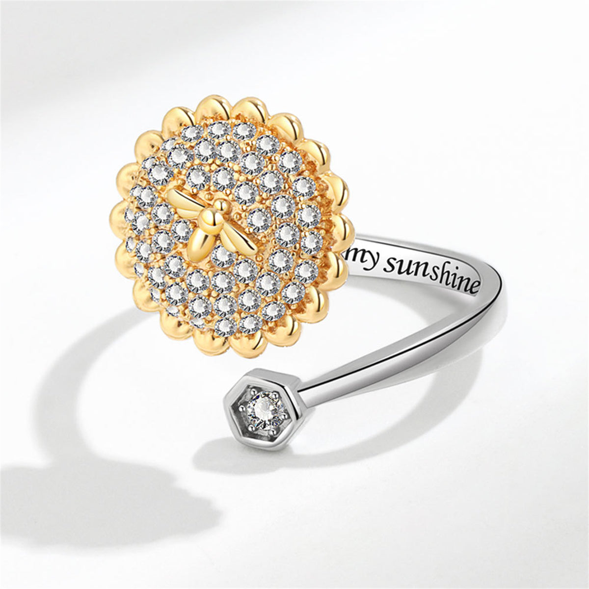 Cubic Zirconia and Two Tone Rotating Sunflower and Bee Bypass Ring, statement rings for women, detail close-up