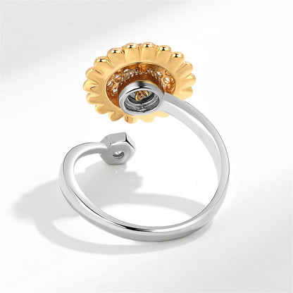 Cubic Zirconia and Two Tone Rotating Sunflower and Bee Bypass Ring, statement rings for women, lifestyle look