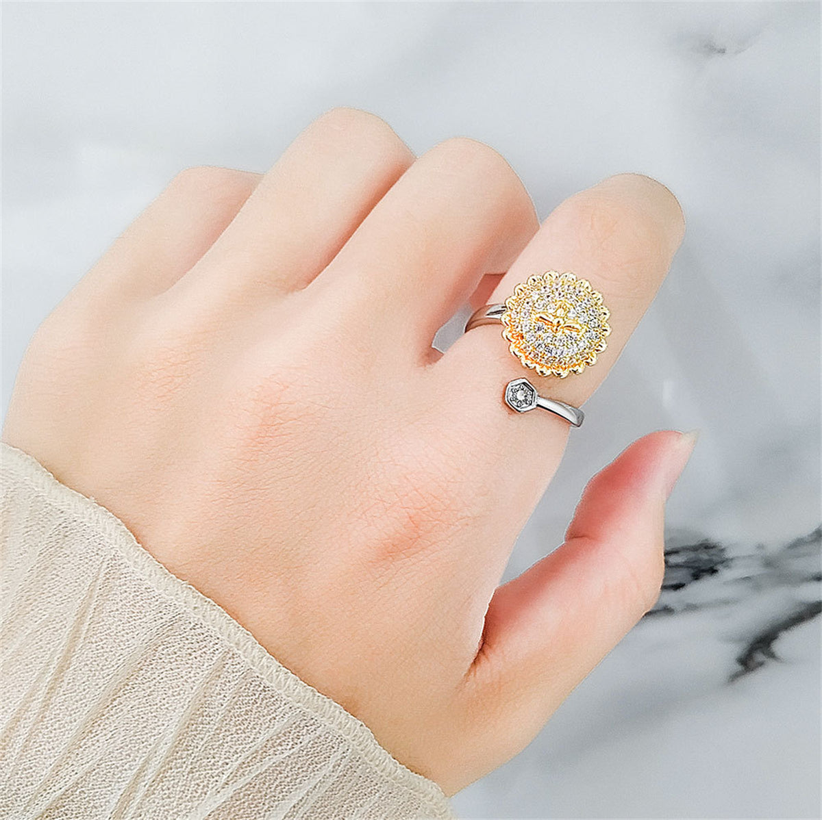 Cubic Zirconia and Two Tone Rotating Sunflower and Bee Bypass Ring, statement rings for women, styled look