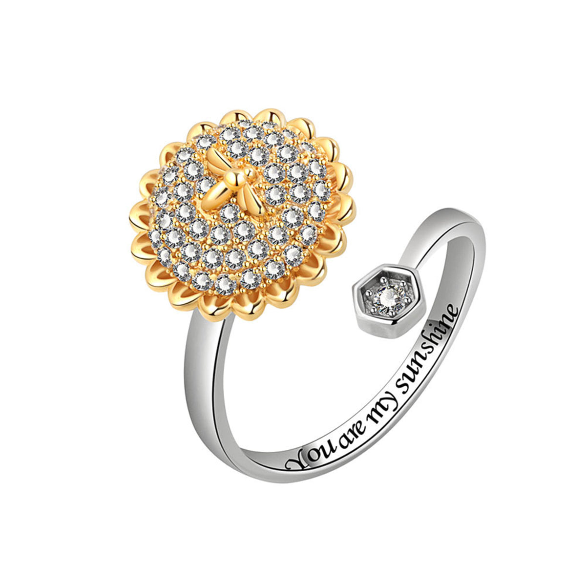 Cubic Zirconia and Two Tone Rotating Sunflower and Bee Bypass Ring, statement rings for women, side view