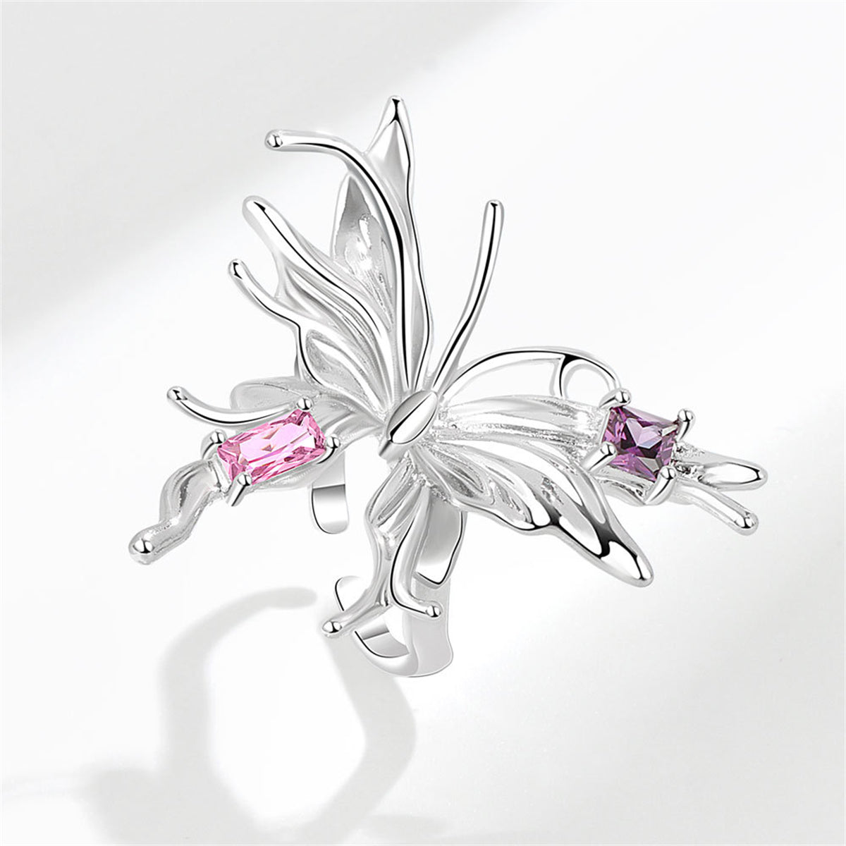 Pink Crystal and Silver-Plated Butterfly Open Ring, silver statement rings for women, botanical inspired, detail close-up
