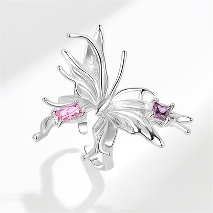 Pink Crystal and Silver-Plated Butterfly Open Ring, silver statement rings for women, botanical inspired, detail close-up