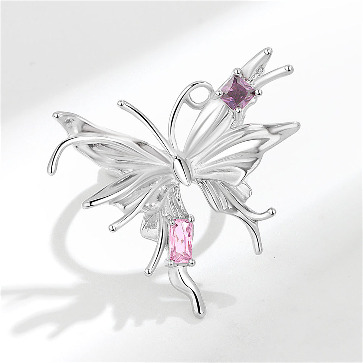 Pink Crystal and Silver-Plated Butterfly Open Ring, silver statement rings for women, botanical inspired, lifestyle look