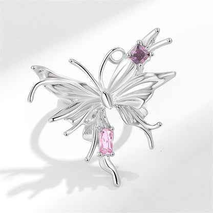 Pink Crystal and Silver-Plated Butterfly Open Ring, silver statement rings for women, botanical inspired, lifestyle look