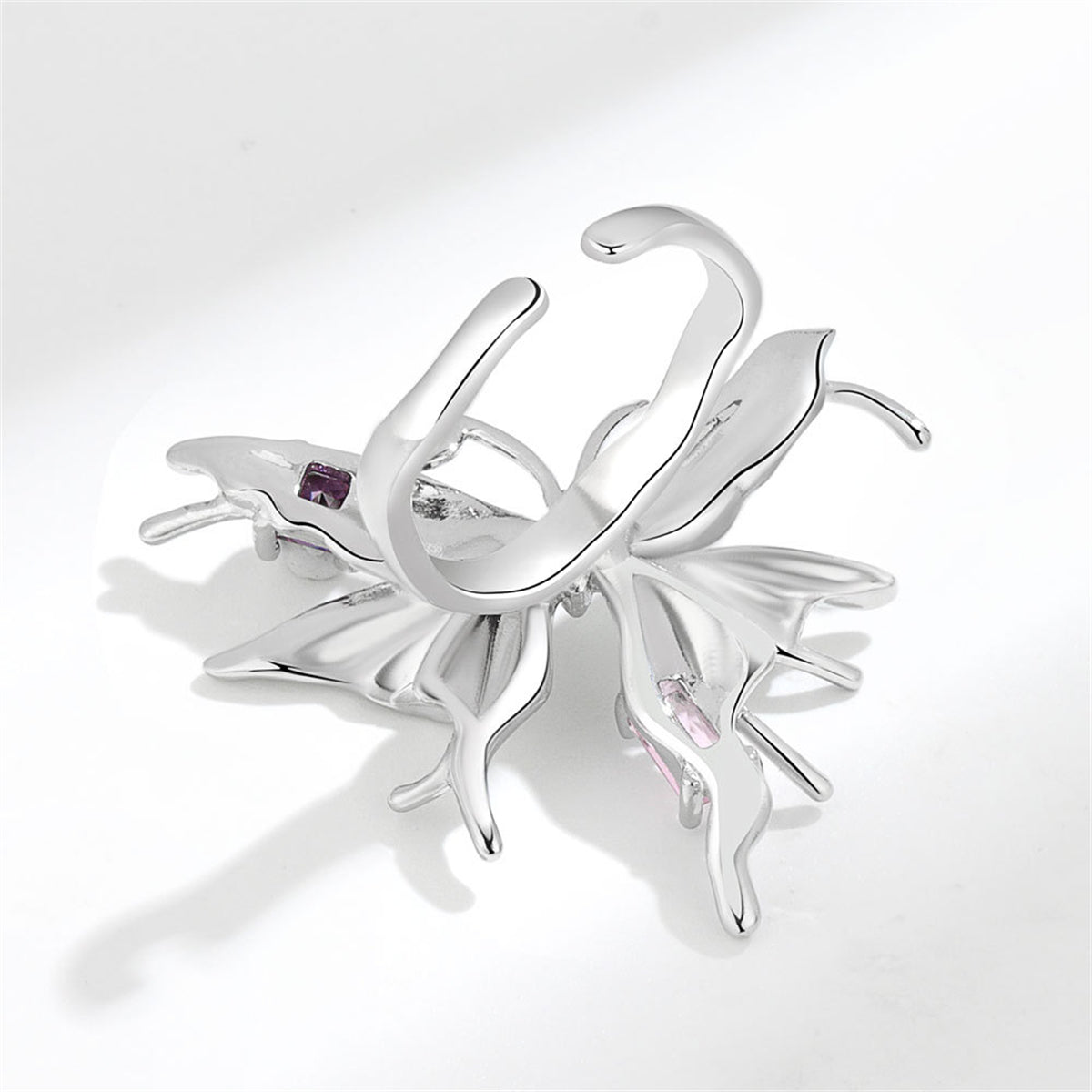 Pink Crystal and Silver-Plated Butterfly Open Ring, silver statement rings for women, botanical inspired, styled look