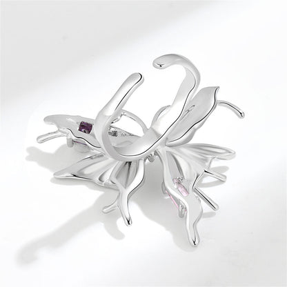 Pink Crystal and Silver-Plated Butterfly Open Ring, silver statement rings for women, botanical inspired, styled look