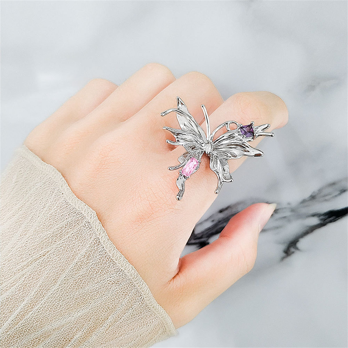 Pink Crystal and Silver-Plated Butterfly Open Ring, silver statement rings for women, botanical inspired, front view