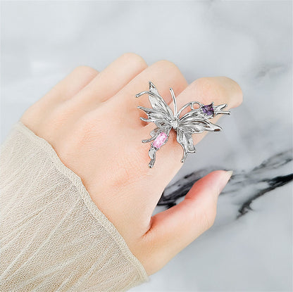 Pink Crystal and Silver-Plated Butterfly Open Ring, silver statement rings for women, botanical inspired, front view