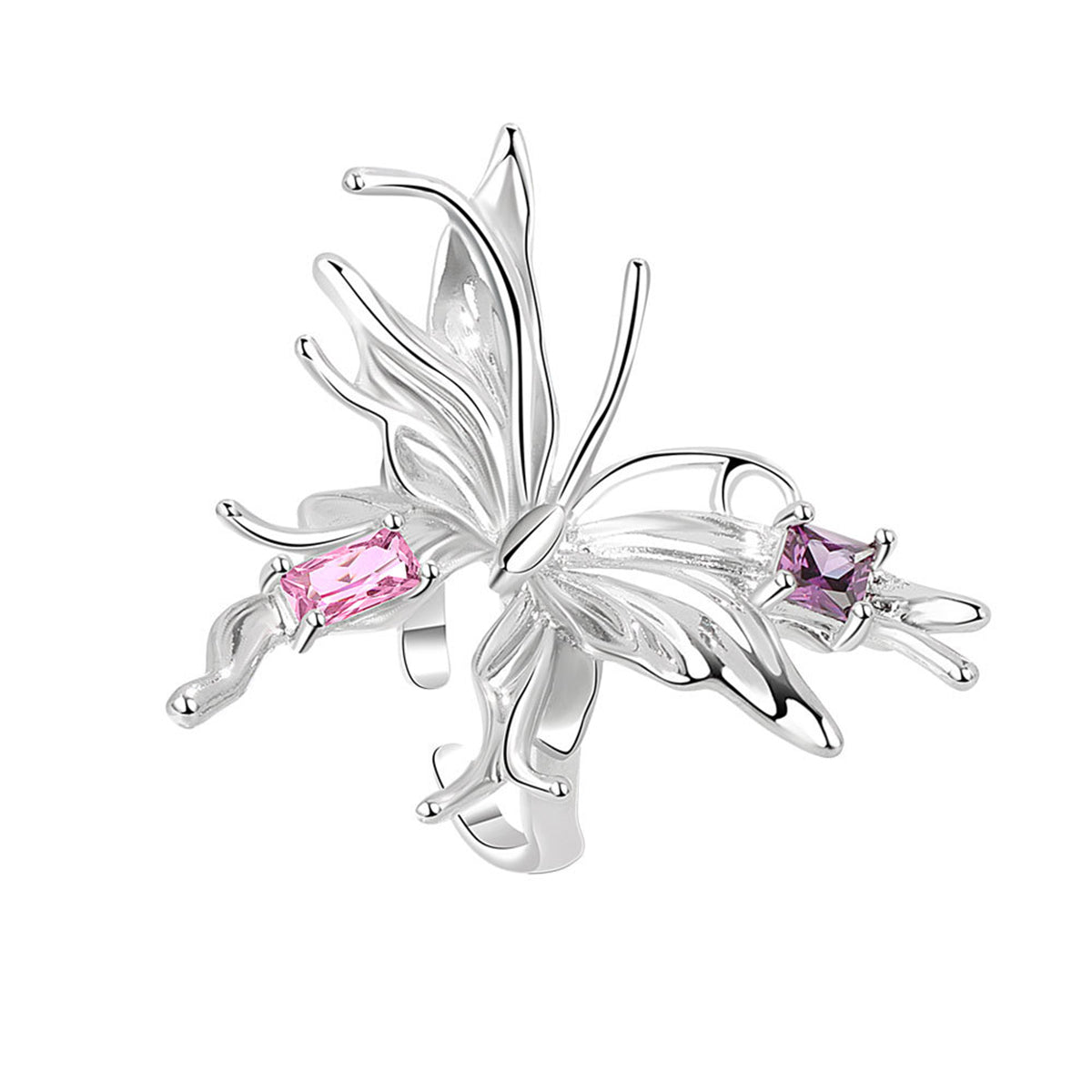 Pink Crystal and Silver-Plated Butterfly Open Ring, silver statement rings for women, botanical inspired, side view