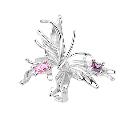 Pink Crystal and Silver-Plated Butterfly Open Ring, silver statement rings for women, botanical inspired, side view