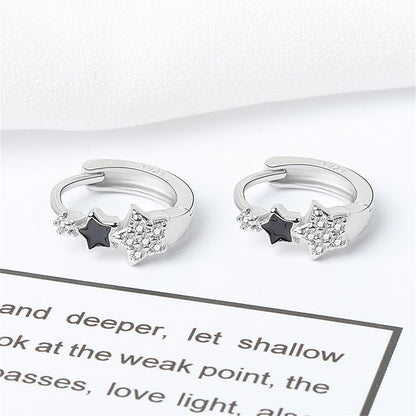 Cubic Zirconia and Enamel Silver-Plated Star Huggie Earrings, silver huggie earrings, botanical inspired, detail close-up