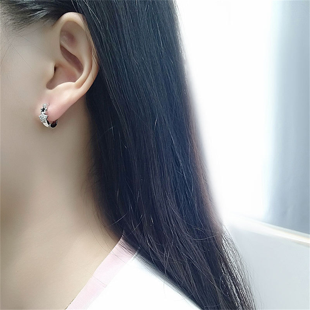 Cubic Zirconia and Enamel Silver-Plated Star Huggie Earrings, silver huggie earrings, botanical inspired, styled look