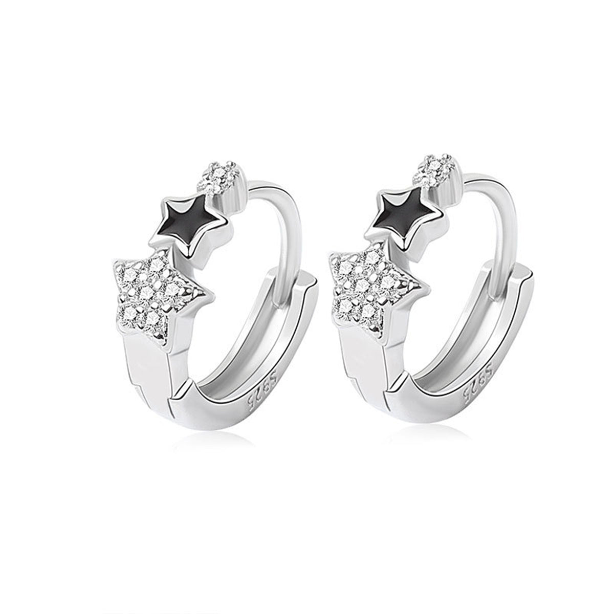 Cubic Zirconia and Enamel Silver-Plated Star Huggie Earrings, silver huggie earrings, botanical inspired, side view