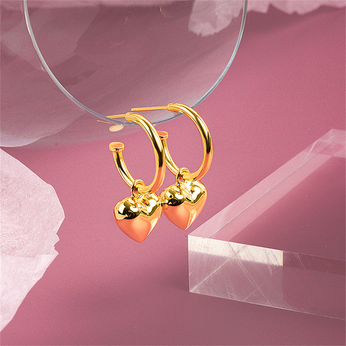 18K Gold-Plated Heart Huggie Earrings, gold huggie earrings, vintage-inspired design, front view