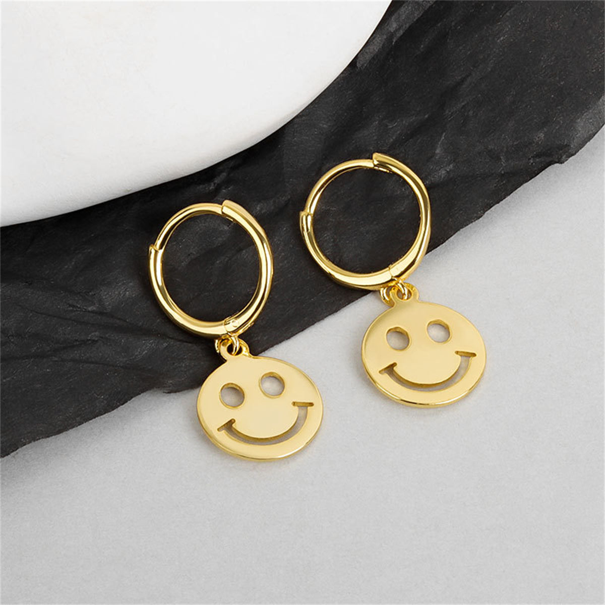 18K Gold-Plated Smiley Huggie Earrings, gold huggie earrings, everyday style, front view