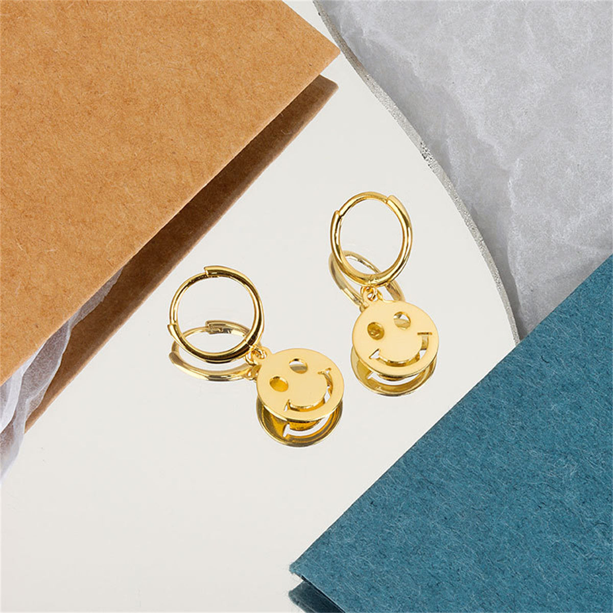 18K Gold-Plated Smiley Huggie Earrings, gold huggie earrings, everyday style, side view