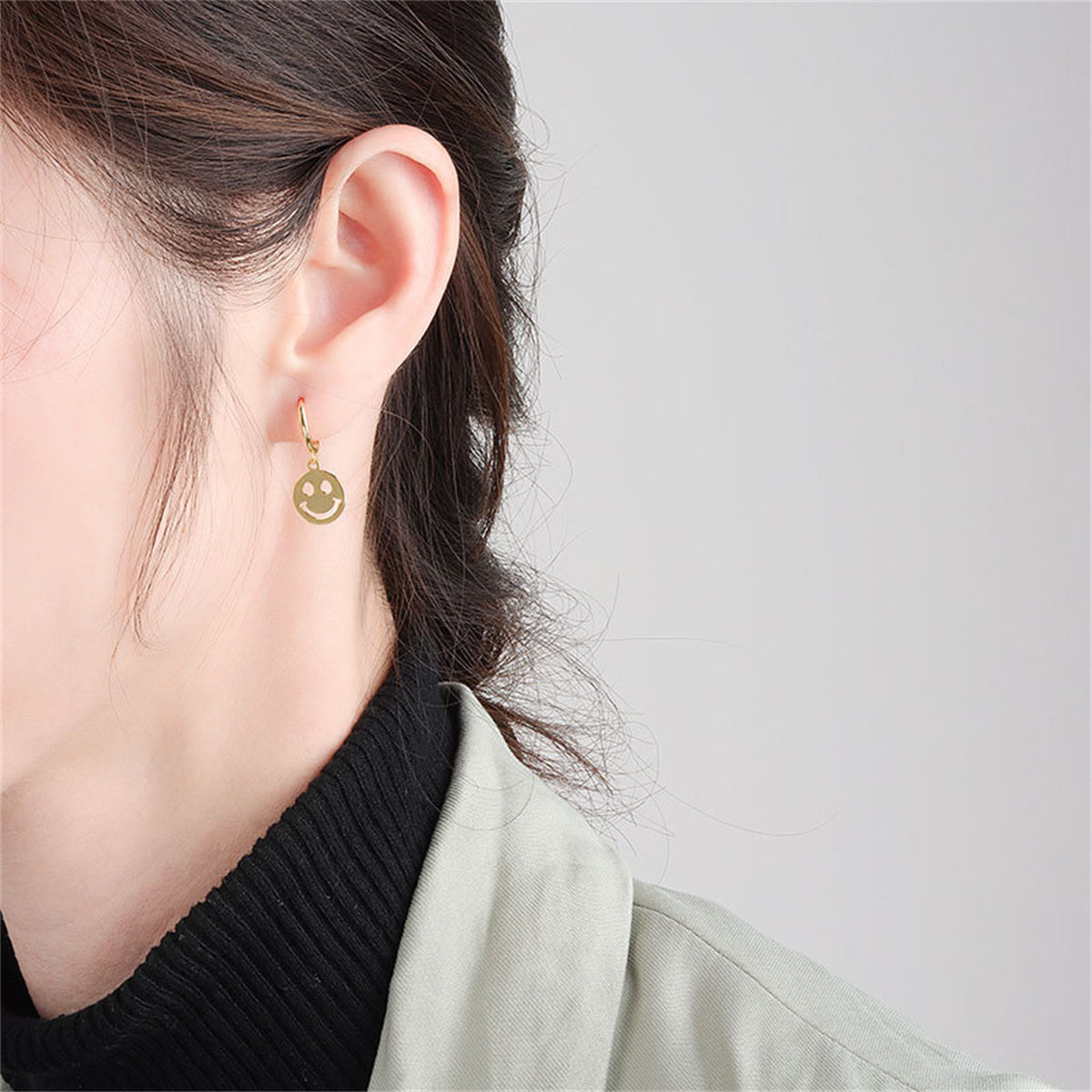 18K Gold-Plated Smiley Huggie Earrings, gold huggie earrings, everyday style, detail close-up