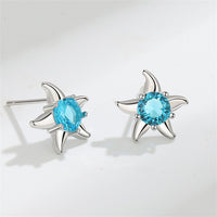 Blue Cubic Zirconia & Silver-Plated Starfish Stud Earrings