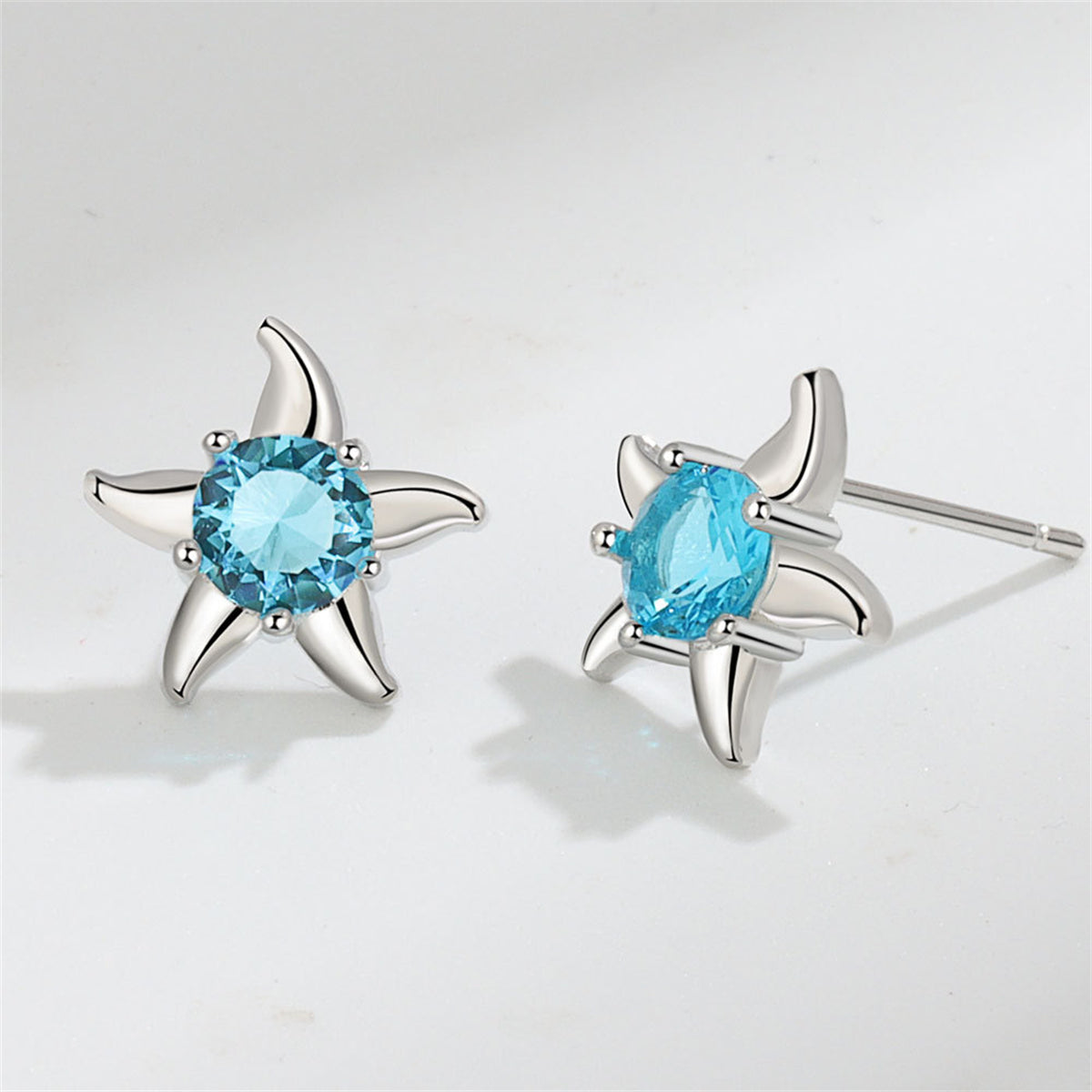 Blue Cubic Zirconia & Silver-Plated Starfish Stud Earrings