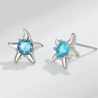 Blue Cubic Zirconia & Silver-Plated Starfish Stud Earrings