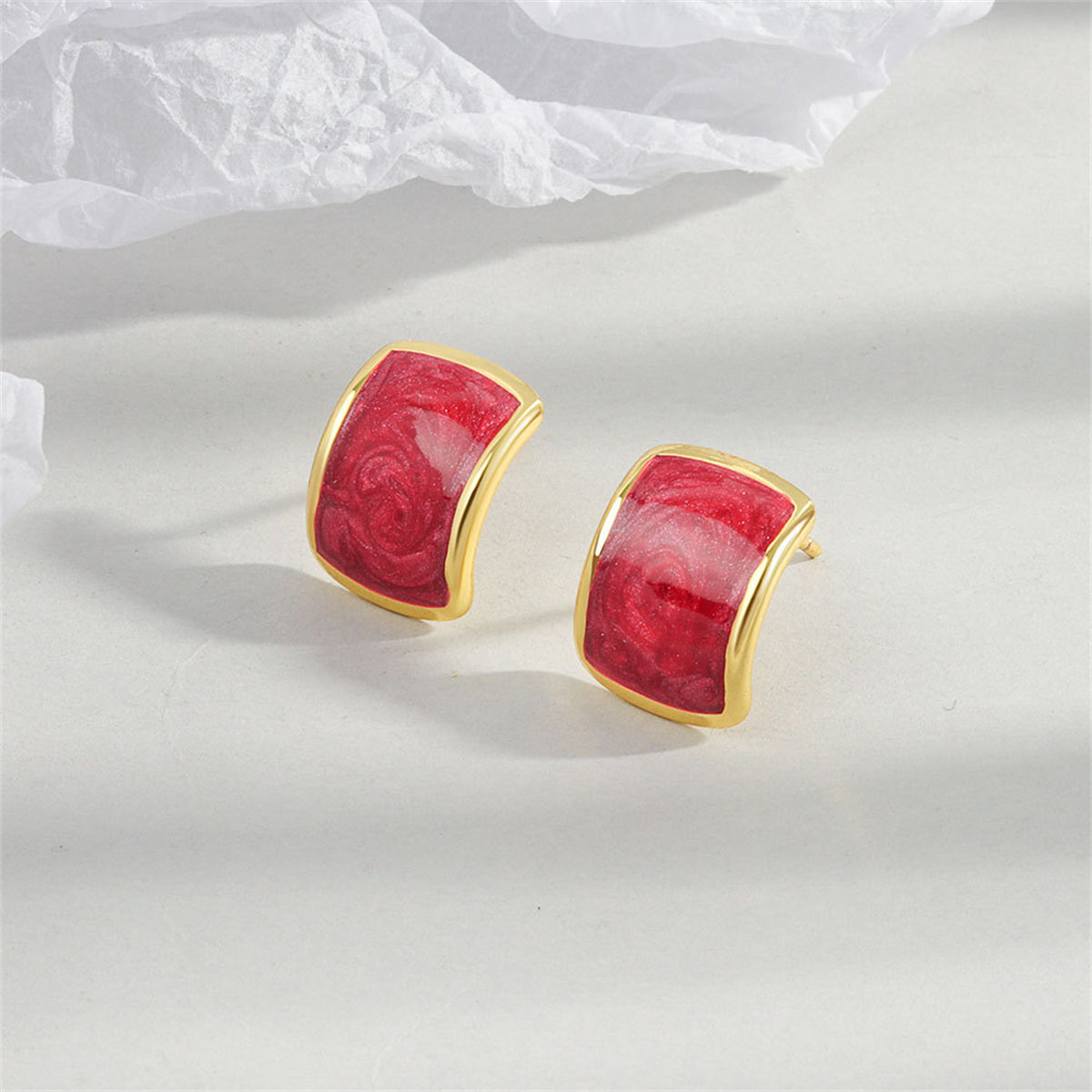 Red Enamel and 18K Gold-Plated Curved Face Stud Earrings, gold stud earrings for women, dainty minimalist design, front view