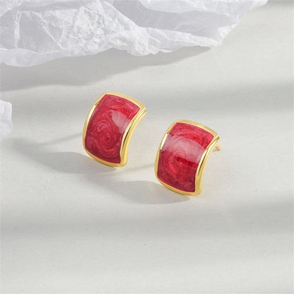Red Enamel and 18K Gold-Plated Curved Face Stud Earrings, gold stud earrings for women, dainty minimalist design, front view